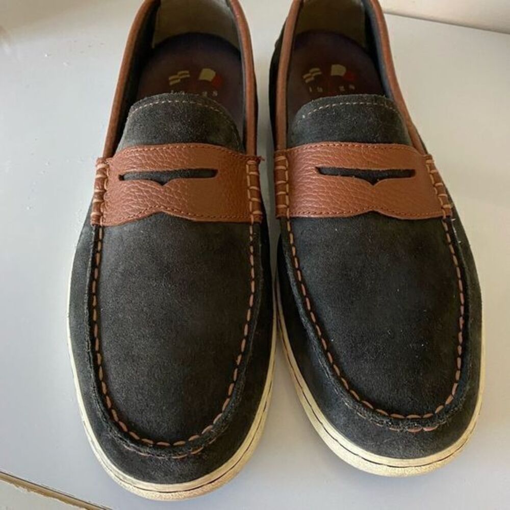 Cole Haan 1928 Suede loafer- 11.5 charcoal /brown leather trim ,